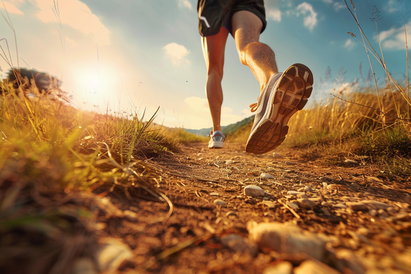 Runner's legs powering along a summer trail at sunset