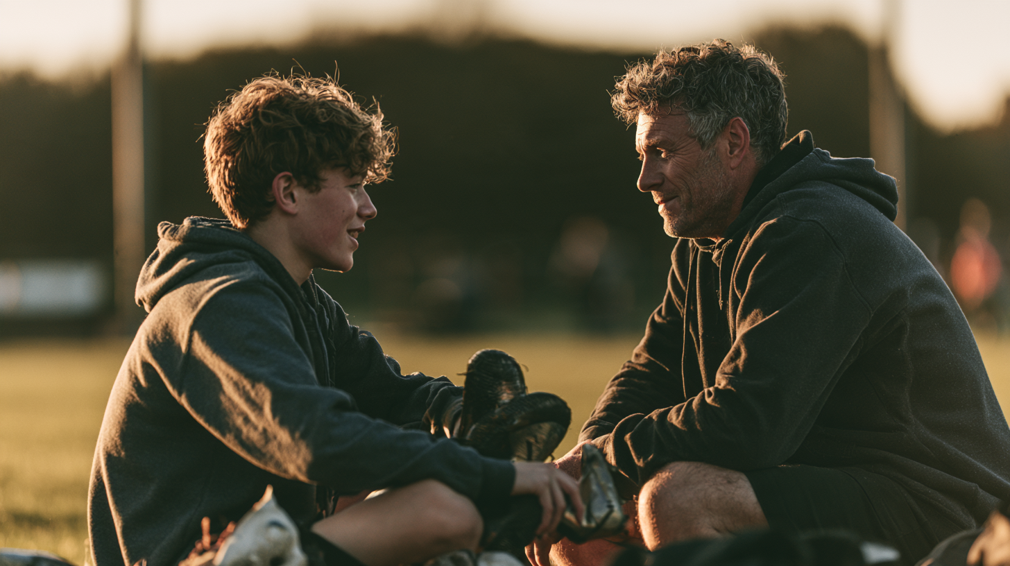 Teenage boy sitting and talking with his dad beside a sports field