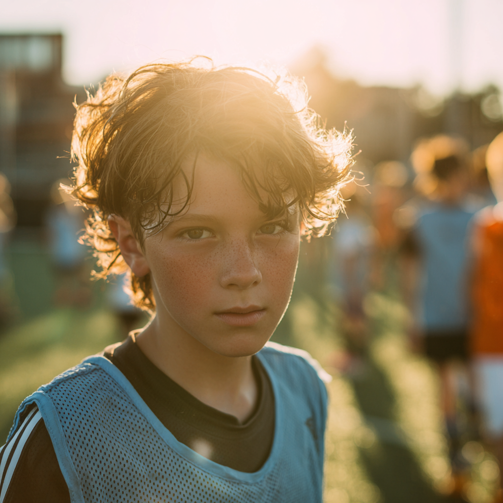 Young footballer in a training bib looking at the camera on a sunny pitch