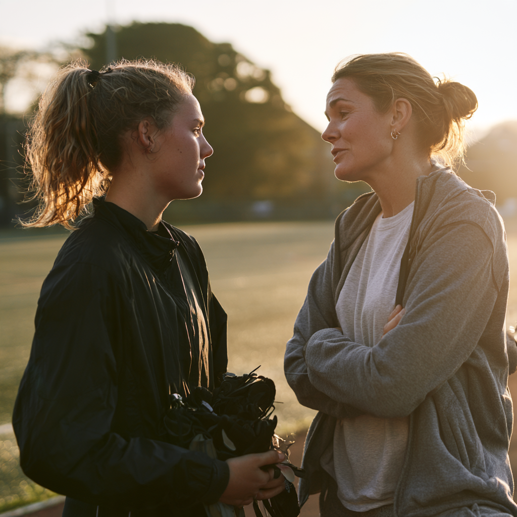 Mother and teenage daughter talking after sport
