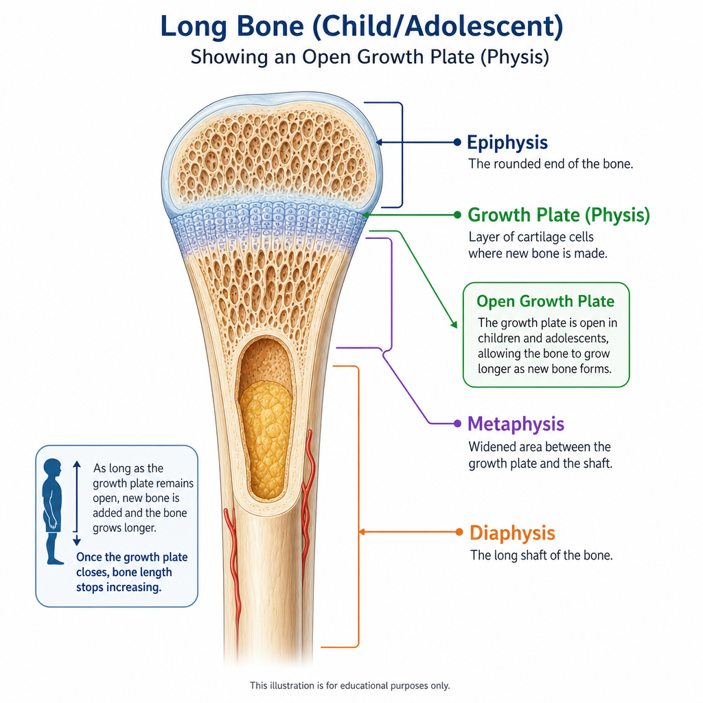 Diagram of a long bone cross-section showing the open growth plate, epiphysis, metaphysis and diaphysis labelled