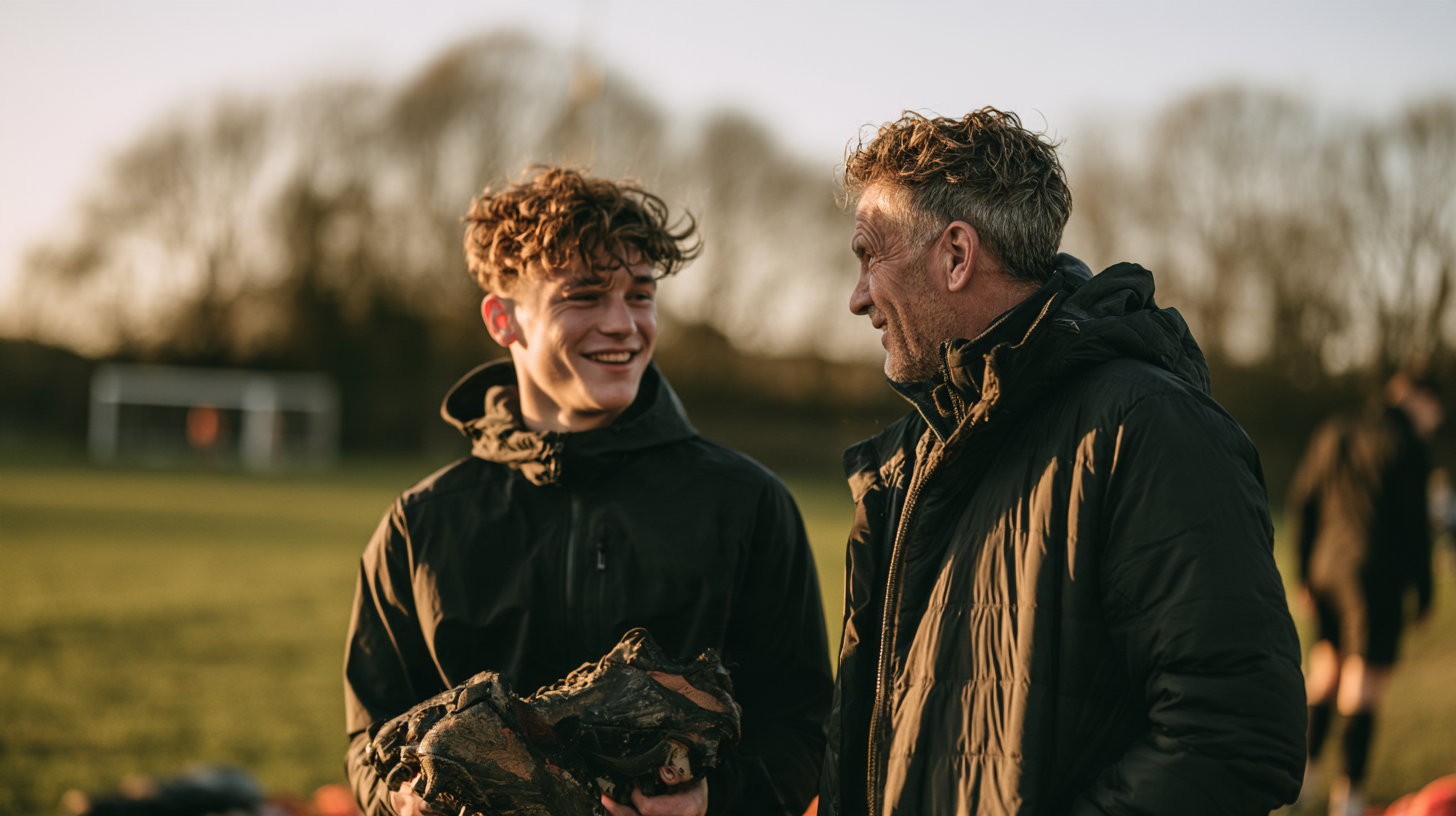 Teenage boy and his dad talking beside a sports field