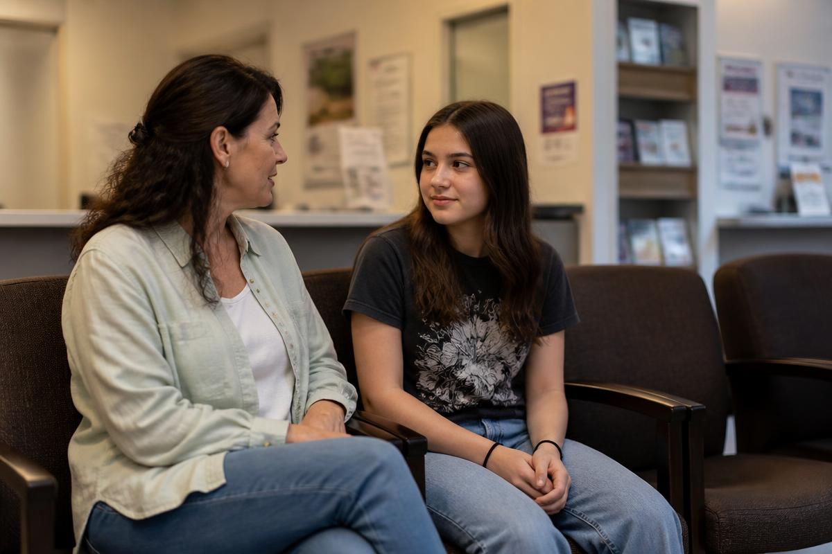 Mother and teenage daughter talking together in a GP waiting room